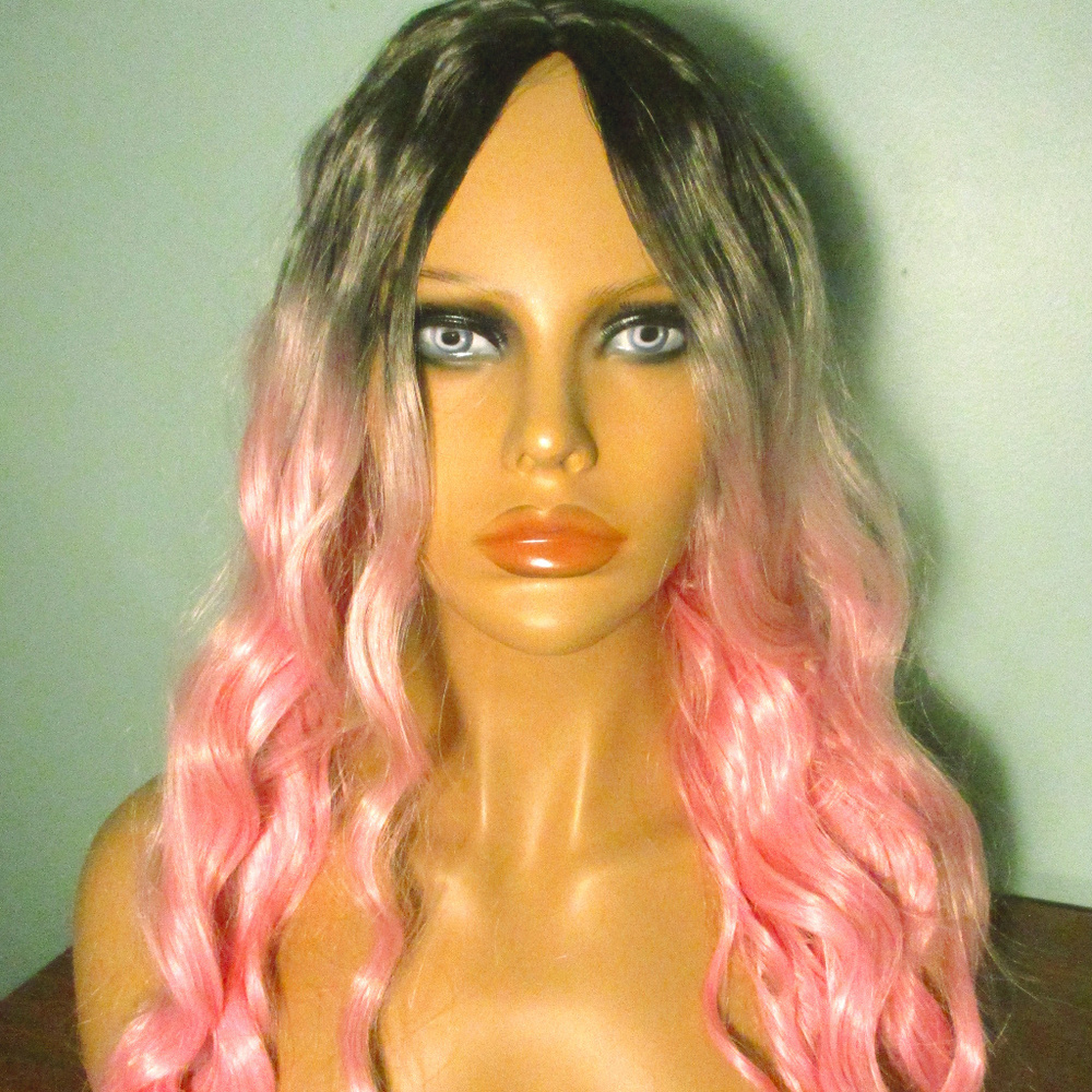 18" pink and black OMBRE long wavy cosplay WIG